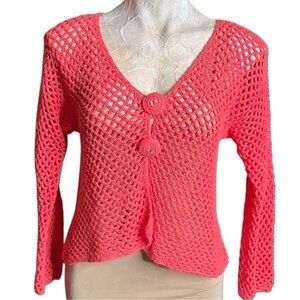 Pure Handknit Sweater Fishnet Knit Cardigan large buttons Salmon 100% Cotton S/M